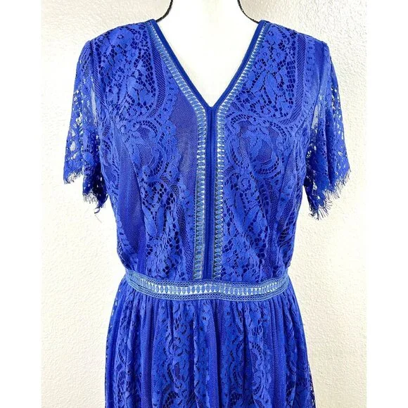 Merokeety Maxi Dress Lace Overlay Indigo Blue Boho Crochet Fringe Knit V Neck L - Picture 5 of 16